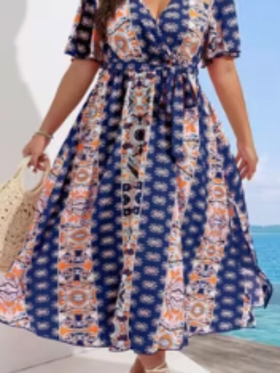 Dresses & Skirts - Boho Dress, Women's Plus Random Print Flutter Sleeve Surplice Neck Max